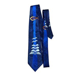 Steven Harris Handmade Blue Christian Necktie With Jesus Fish & Bible Design